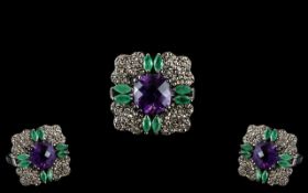 Blackened 925 Silver 3.70 Ct Amethyst Ring, with 1.42 Ct Rose cut Diamonds & 1.08 Ct Emeralds.