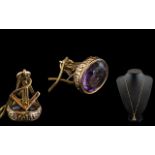 9ct Gold Jewelled and Ornate Masonic Fob Set with a Large Faceted Amethyst Attached to a Long 9ct