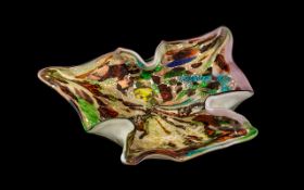 Murano Glass Bowl, leaf shaped, fluted edge with multi-coloured design.