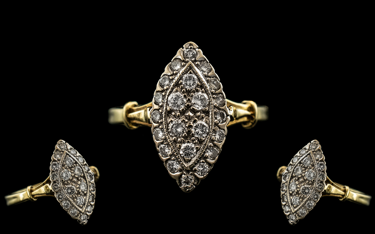 Ladies 18ct Gold and Platinum Boat Shaped Diamond Set Dress Ring, Full Hallmark for 18ct. - Bild 3 aus 3