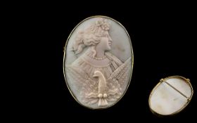 Victorian Period Superb Quality 15ct Gold Mounted Two Tone Oval Shaped Carved Cameo Pendant /