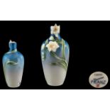 Franz - Superb Hand Painted Porcelain Vase, White and Yellow Flower with Green Stems on Blue Ground.