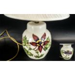 Moorcroft Columbine Table Lamp with shade, tubelined decoration in pink and green on a cream base.