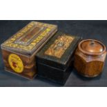 Wooden Tea Caddy, complete with liner and scoop, octagonal shape with lid,