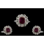 Antique Period - Attractive 18ct White Gold Ruby and Diamond Set Cluster Ring,