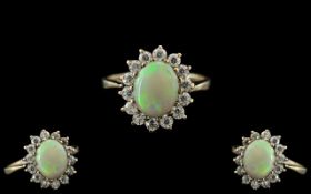 Ladies - Attractive 9ct Gold Opal and Diamond Set Dress Ring, Flower head Setting.