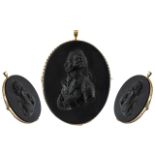 George III - Large and Fine Quality Carved Black Basalt Portrait Cameo / Plaque Brooch, Mounted