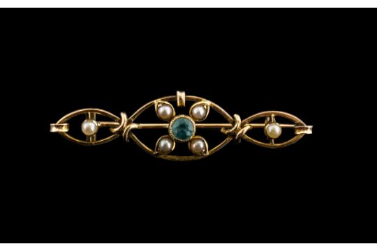 Antique Period Attractive 9ct Gold Seed Pearl and Aquamarine Set Small Brooch, Not Marked but