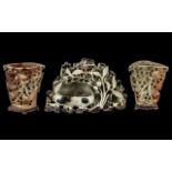Collection of Three Soapstone Carvings, two spill vases each 4" tall,