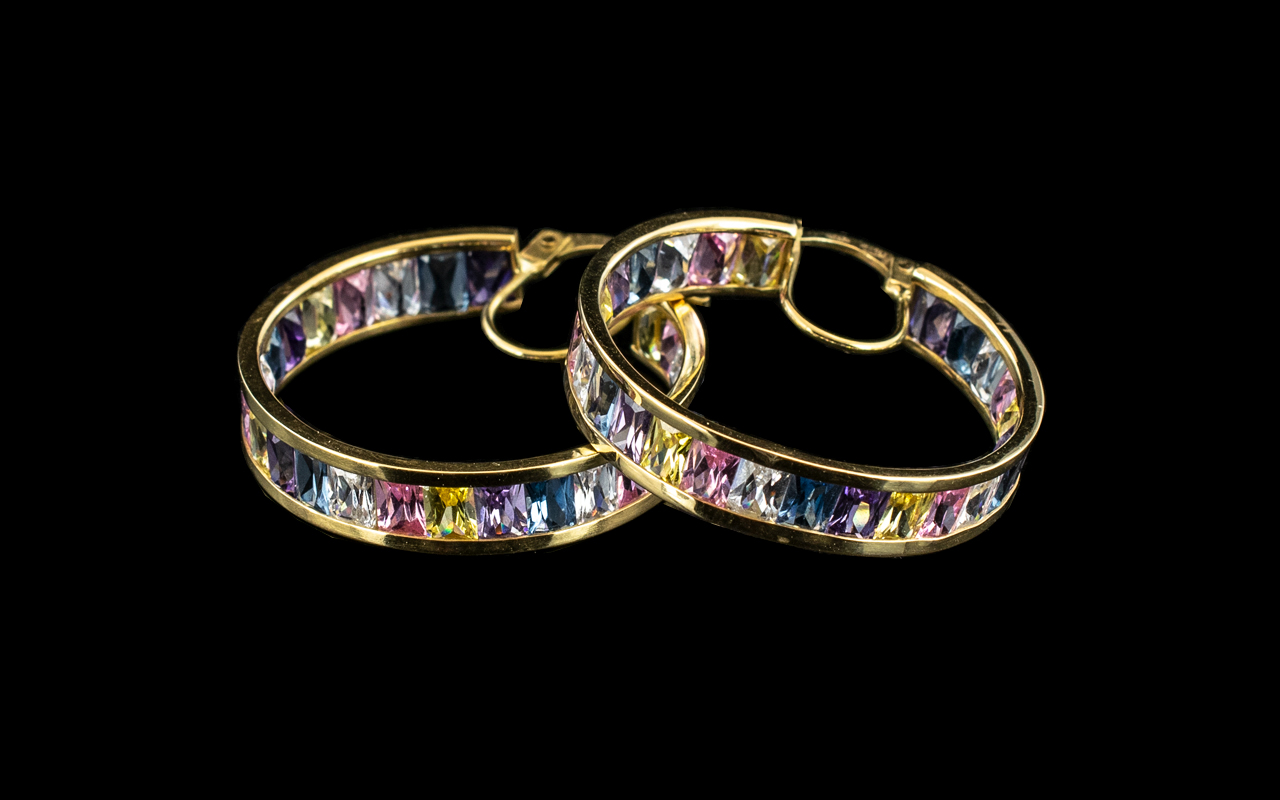 Pair of Ladies 18ct Hoop Earrings, set with coloured semi-precious stones.