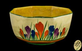Clarice Cliff - Large Octagonal ' Crocus ' Design Bowl. Full Stamps to Base.