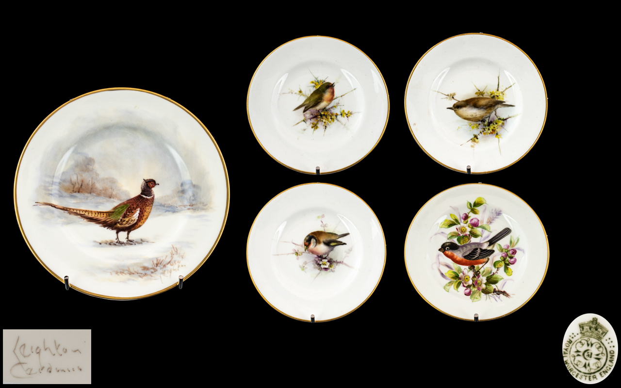 Royal Worcester Antique Period Collection of Hand Painted Birds Decorated Small Plates with Gold