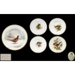 Royal Worcester Antique Period Collection of Hand Painted Birds Decorated Small Plates with Gold