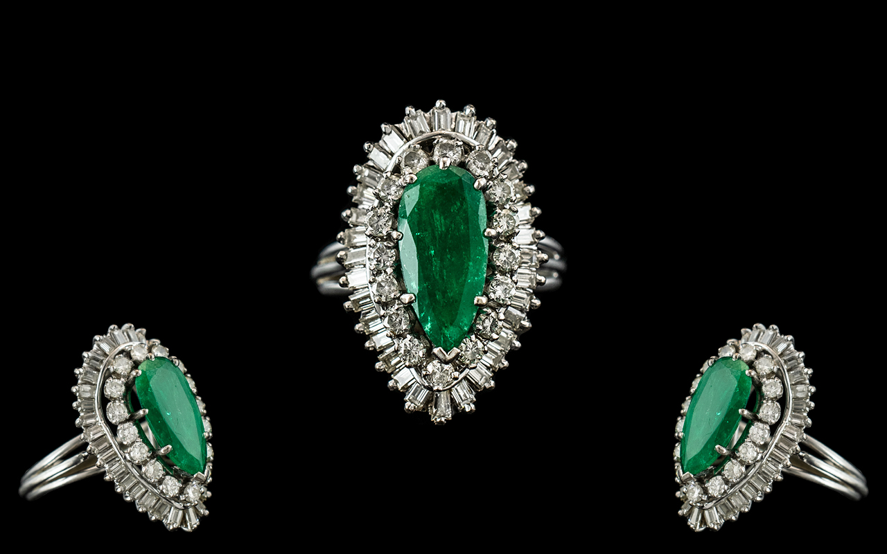 Art Deco Period Ladies - Superb Quality and Attractive 18ct White Gold - Diamond and Emerald Set