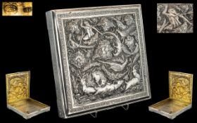 Antique Period - Superb Quality Isfahan School Persian Silver Embossed Square Shaped Lidded Box of