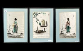 Set of Three Chinese Paintings on Silk depicting a fisherman and two maidens;