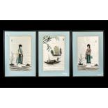 Set of Three Chinese Paintings on Silk depicting a fisherman and two maidens;