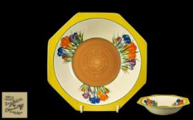 Clarice Cliff - Large Octagonal ' Crocus ' Design Bowl. Full Clarice Cliff Stamps to Base.