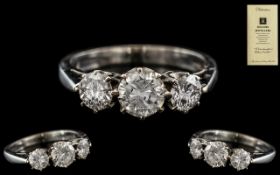 18ct White Gold - Good Quality 3 Stone Diamond Set Ring. Fully Hallmarked for 18ct - 750.