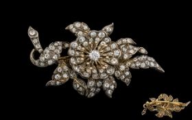 A Fine 1920's 18ct Gold - Attractive Platinum Diamond Set Tremblant Ladies Brooch of Floral Spray