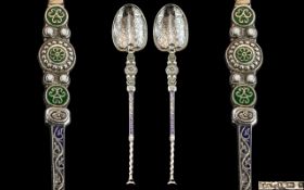 Late Victorian Period Superb Quality Pair of Sterling Silver and Enamel Anointing Spoons From Top