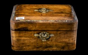 A Victorian Walnut Sewing Box the hinged top inlaid with abalone shell,