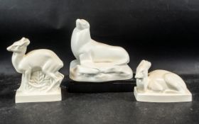 Three Wedgwood Glazed Porcelain Animals, comprising a Wedgwood cream glazed porcelain deer figure,