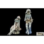 Nao by Lladro Pair of Hand Painted Porcelain Figures ' Harlequins ' Clowns. Heights 10 Inches - 25