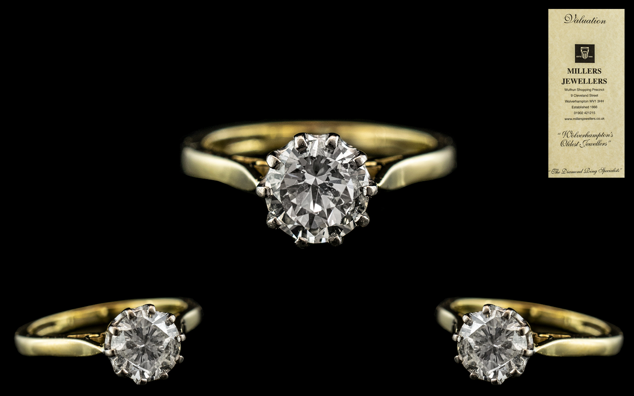 18ct Gold - Pleasing Single Stone Diamond Set Ring with 10 Claw ' Coronet ' Setting / Design.