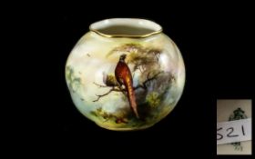 Royal Worcester Small Bulbous ' Pheasants ' Design Vase. Signed Brag. Full Stamps to Base. Approx 3.