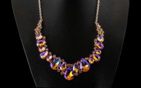 Champagne Gold to Purple Crystal Necklace, large and graduated pear shape crystals in a warm,