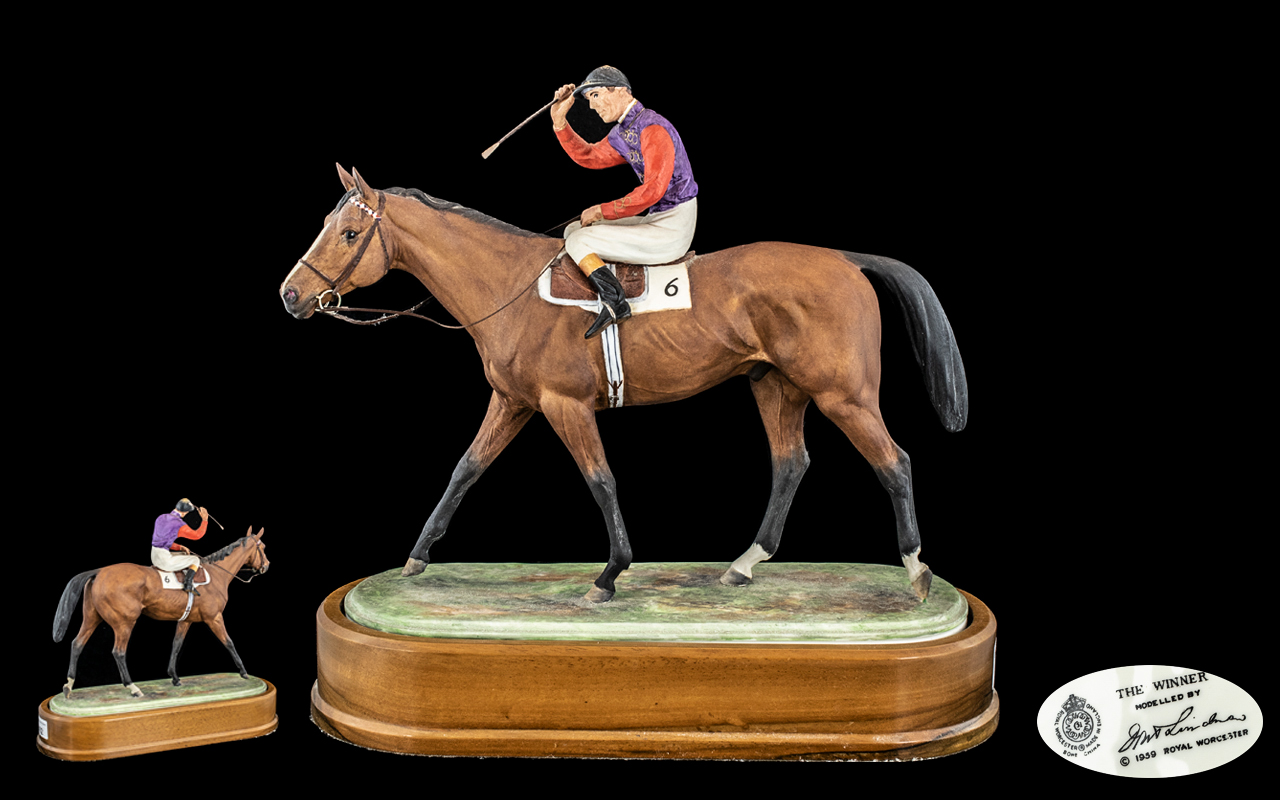 Royal Worcester Superb Hand Painted Ceramic Jockey and Horse Figure,