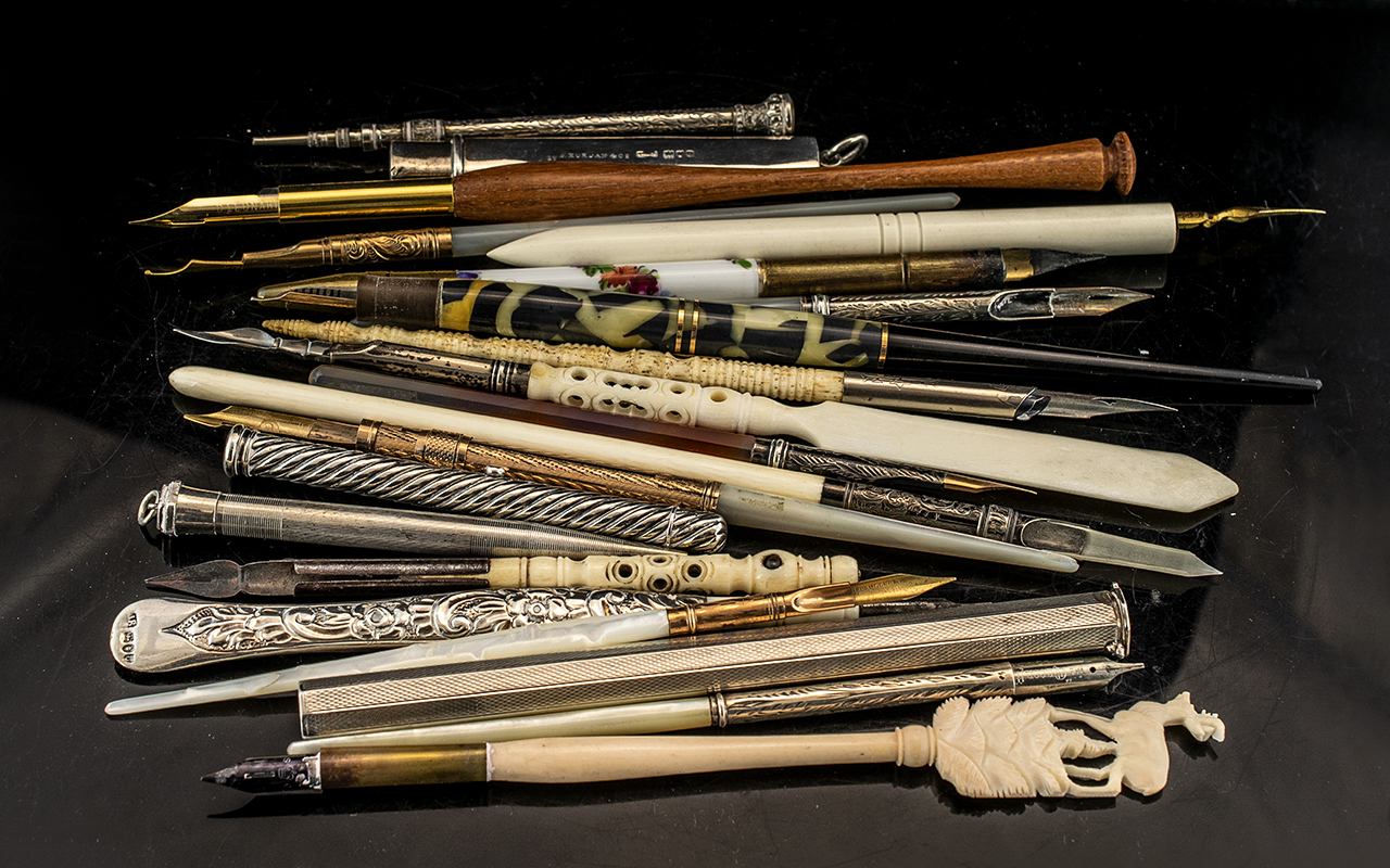 A Collection of Mostly Dip Pens, to include silver, mother of pearl, gilt and hardstone.