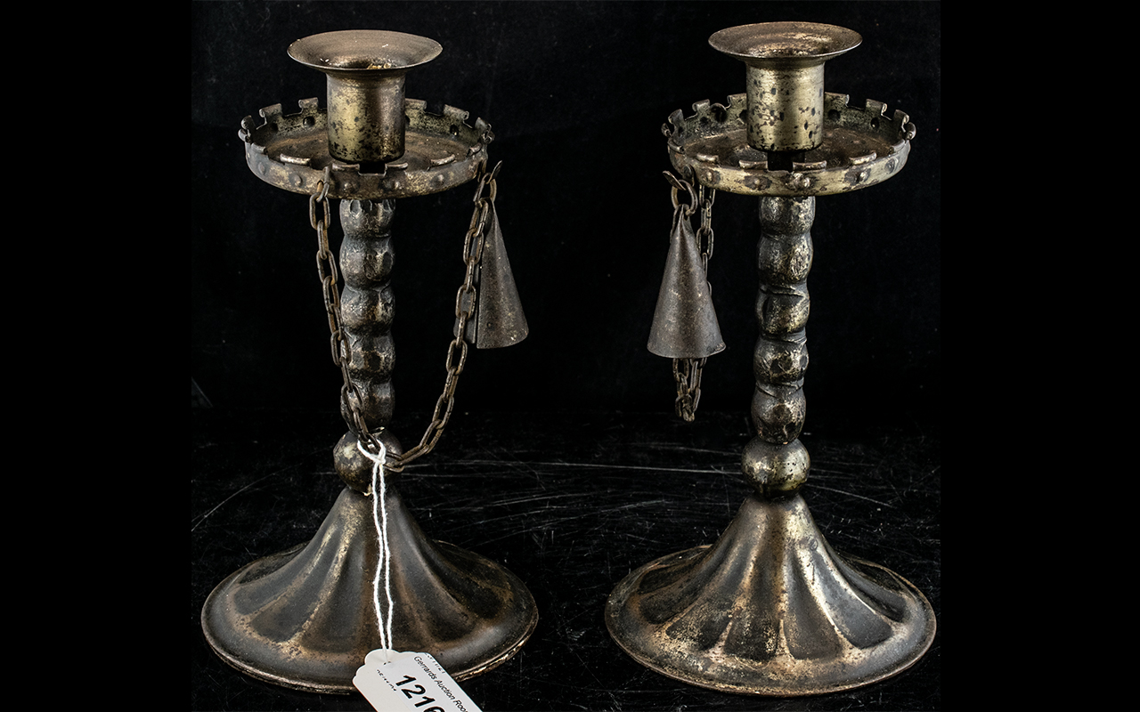 Pair of 'Coburg' Signed Wrought Iron Arts & Crafts Candlesticks,