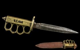 American WWI Trench Dagger with an unusual brass hilt, stamped 'US 1918', in leather scabbard; 12.