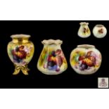 Three Small Royal Worcester Vases Both Decorated With Black Berries and Leaves, by Kitty Blake,