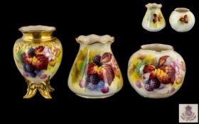 Three Small Royal Worcester Vases Both Decorated With Black Berries and Leaves, by Kitty Blake,