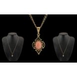 Ladies Attractive 9ct Gold Coral Set Pendant with Attached 9ct Gold Chain. Both Marked for 9ct.