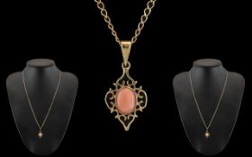 Ladies Attractive 9ct Gold Coral Set Pendant with Attached 9ct Gold Chain. Both Marked for 9ct.