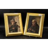 Pair of Austrian Tyrol Oil Paintings on Board, depicting an old man and woman, c1900,