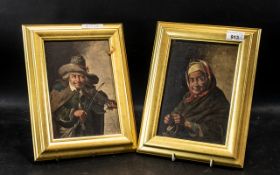 Pair of Austrian Tyrol Oil Paintings on Board, depicting an old man and woman, c1900,