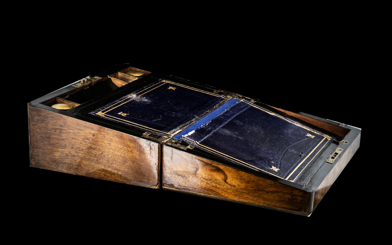 Burl Walnut Wooden Writing Slope with two brass lidded inkwells and apertures for pens and paper. - Image 2 of 2