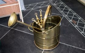 Brass Fireplace Set, comprising coal scuttle, stand with brush and shovel, poker and tongs.