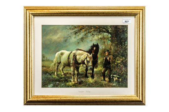 Signed Oil Painting on Panel By F Peto, depicting a farmer with two cart horses and a dog, titled '