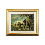 Signed Oil Painting on Panel By F Peto, depicting a farmer with two cart horses and a dog, titled '