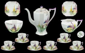 Shelley - Art Deco Period Wonderful ( 15 ) Piece Coffee Set - Date 1928. ' Garden Urn ' Design.