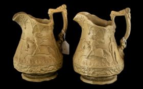 Pair of Biscuit Moulded Pottery Jugs by Ridgeway & Company, published 1845. Depicting Knights