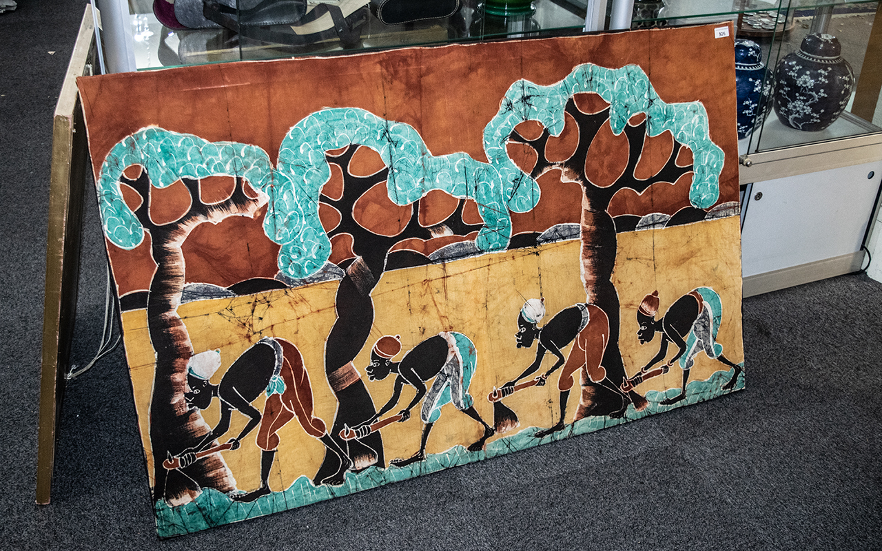 Large African Batik Wall Hanging, depicting figures toiling in the crop fields,