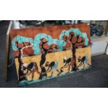 Large African Batik Wall Hanging, depicting figures toiling in the crop fields,
