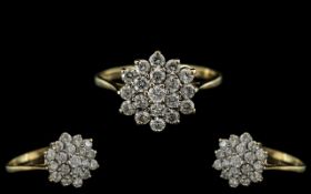 Ladies 9ct Gold Attractive Diamond Set Cluster Ring - Flower head Setting. Full Hallmark for 9.